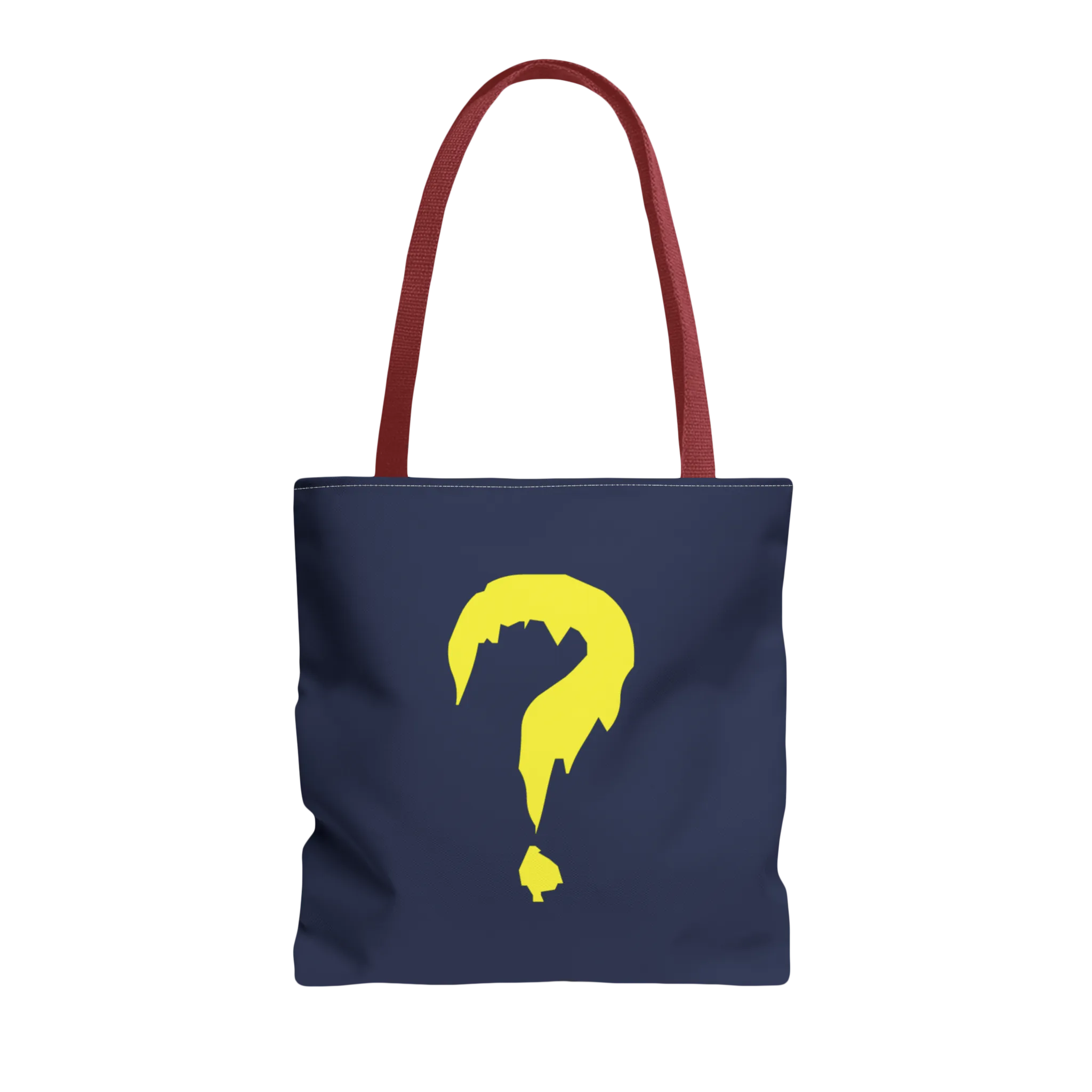 A blue canvas tote with a red handle and a large yellow question mark.