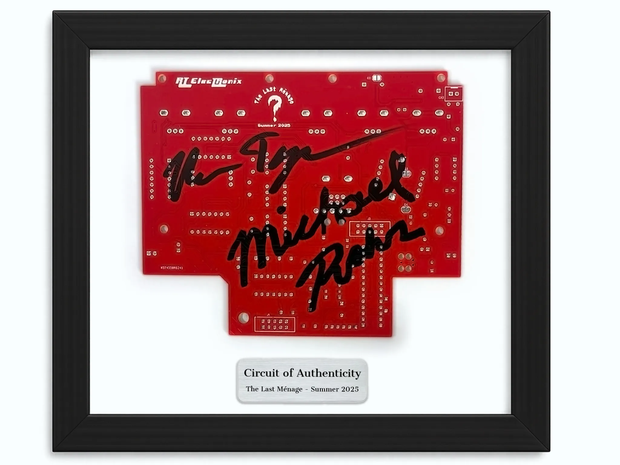 Framed red Threeway circuit board signed by two RT ElecTRonix builders.