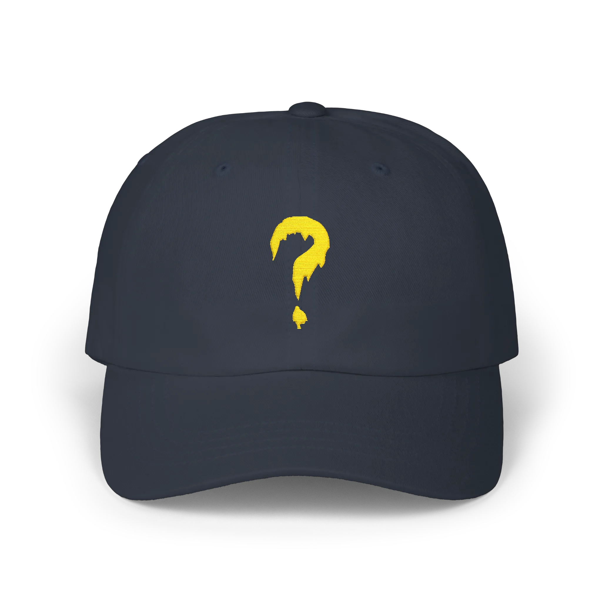 Navy baseball cap embroidered with a yellow question mark, shown in product and modeled views.
