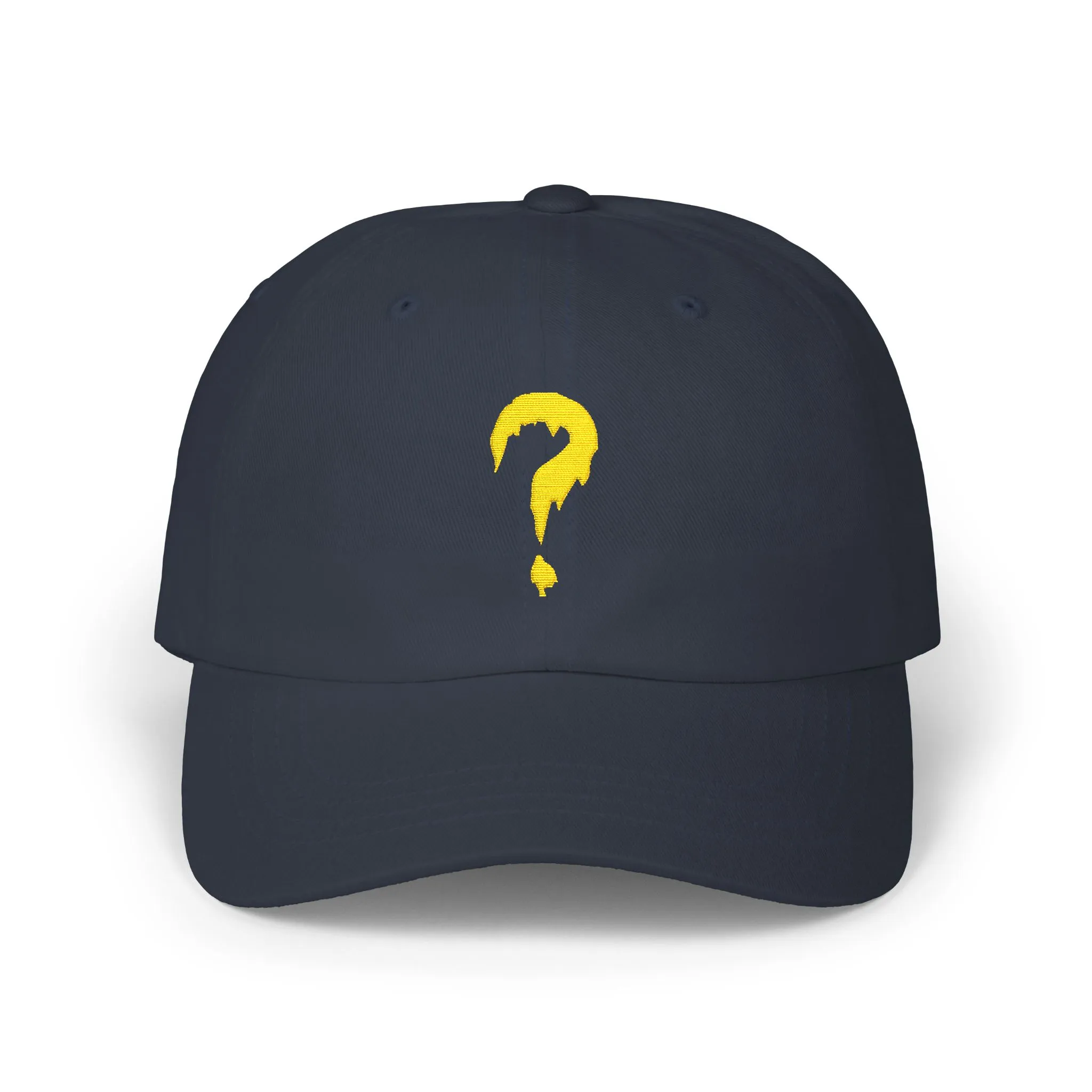 Navy baseball cap embroidered with a yellow question mark, shown in product and modeled views.