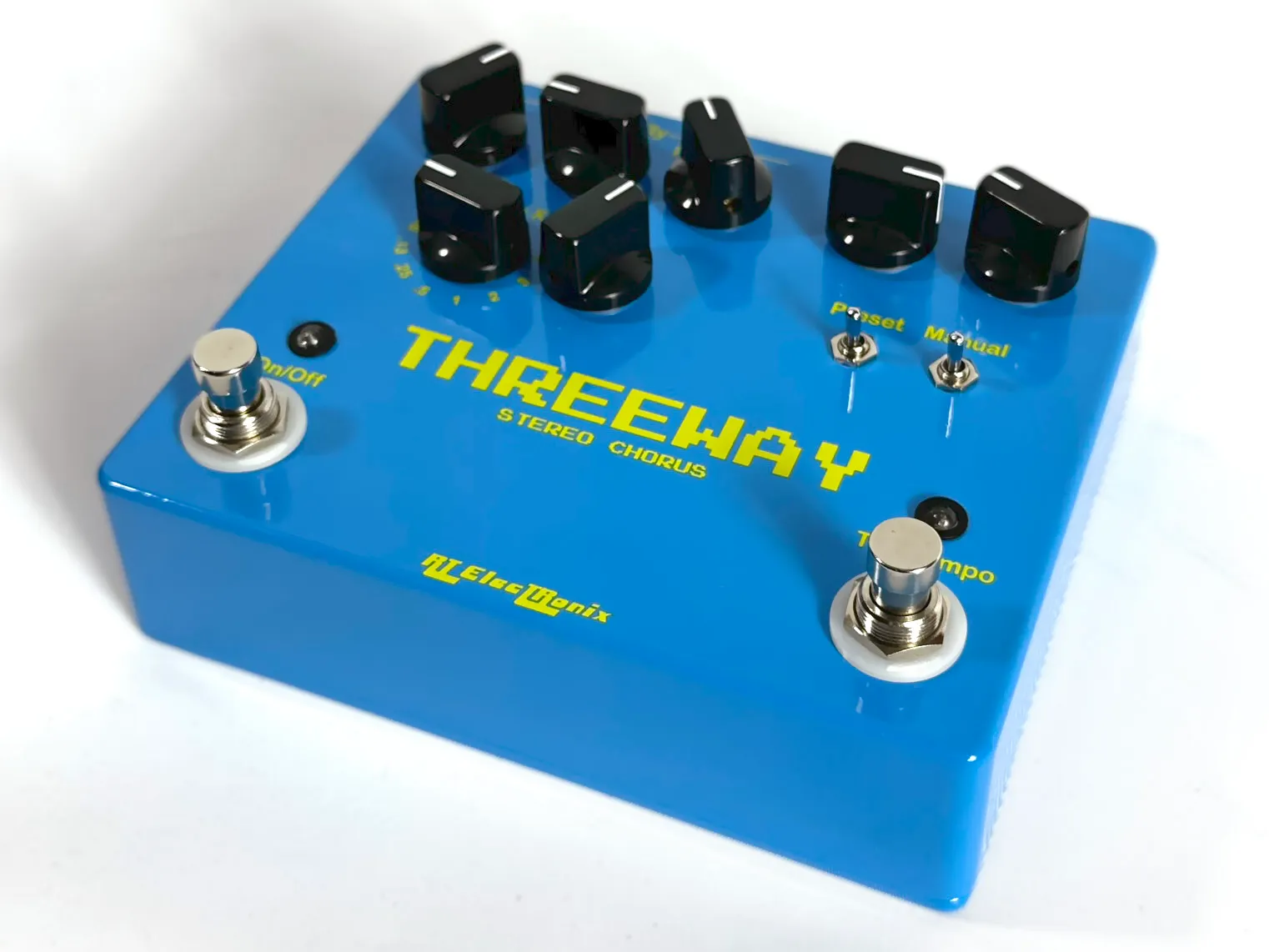 Front view of a blue original style Threeway stereo chorus pedal.