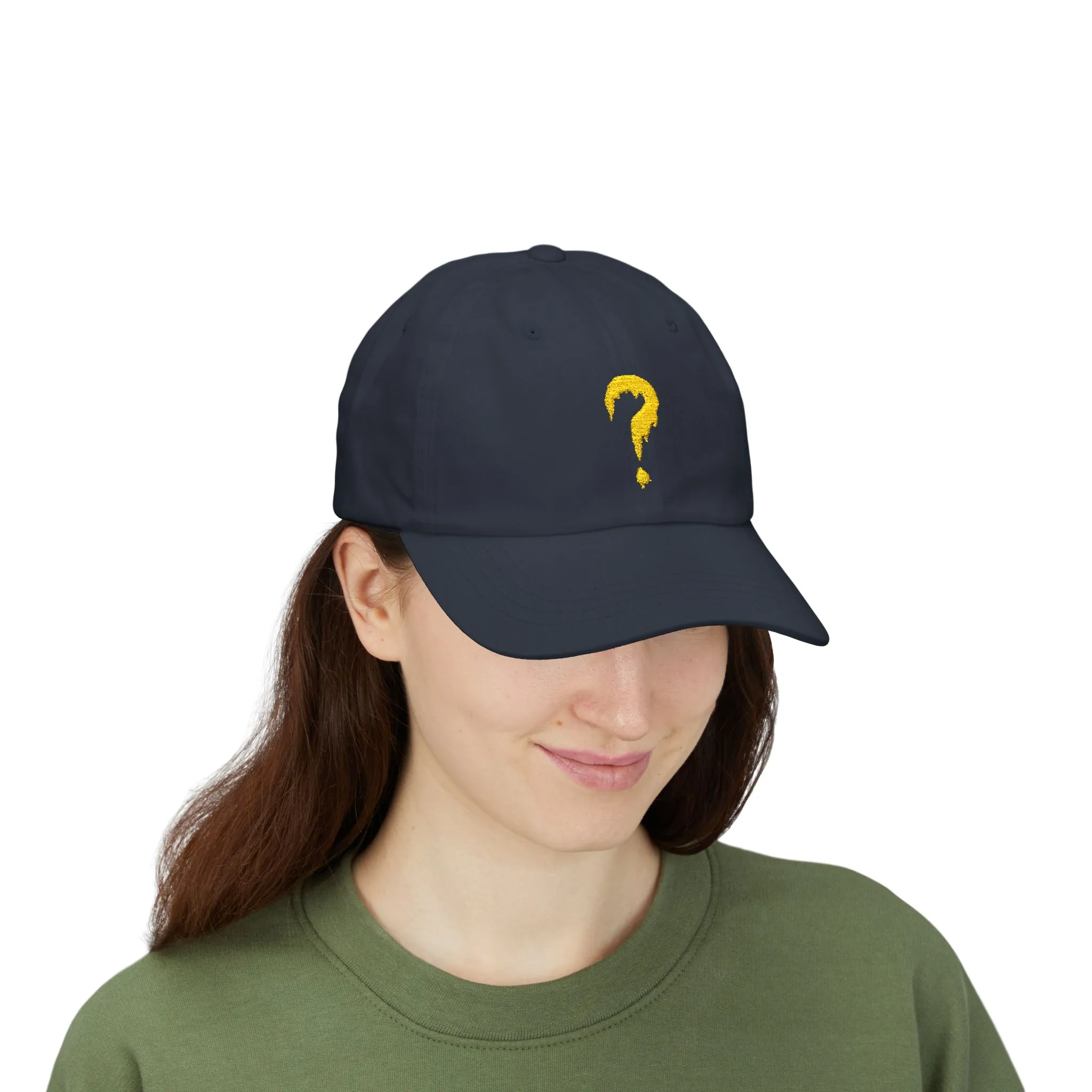 Navy baseball cap embroidered with a yellow question mark, shown in product and modeled views.
