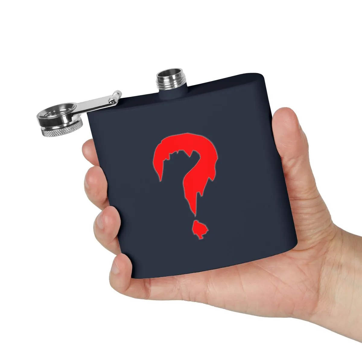 Navy metal hip flask with a red question mark and silver screw cap.