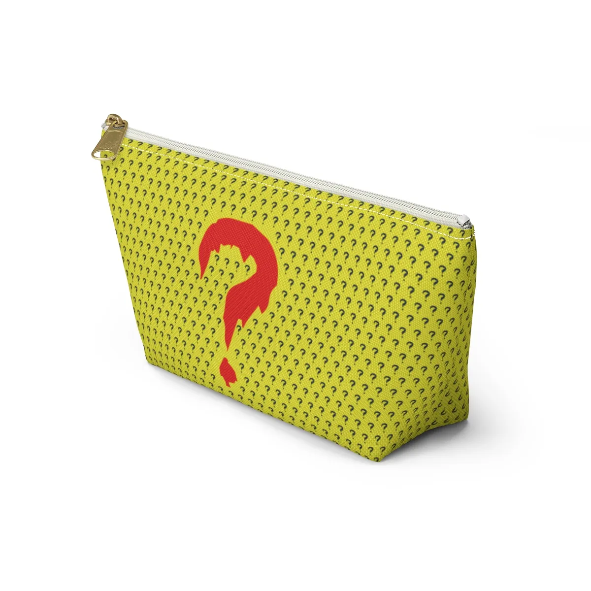 Yellow zippered travel pouch patterned with small navy question marks and a large red question mark.