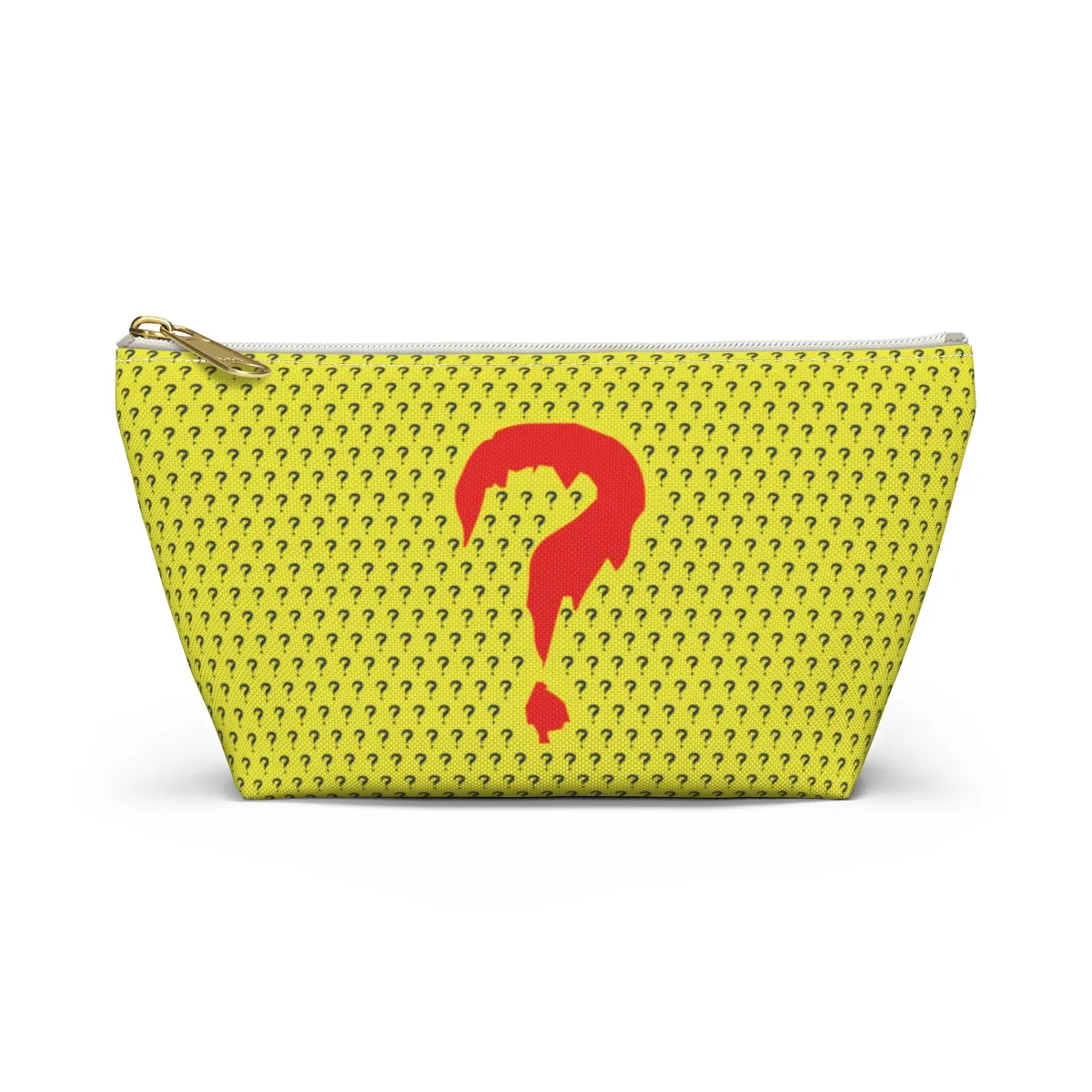 Yellow zippered travel pouch patterned with small navy question marks and a large red question mark.