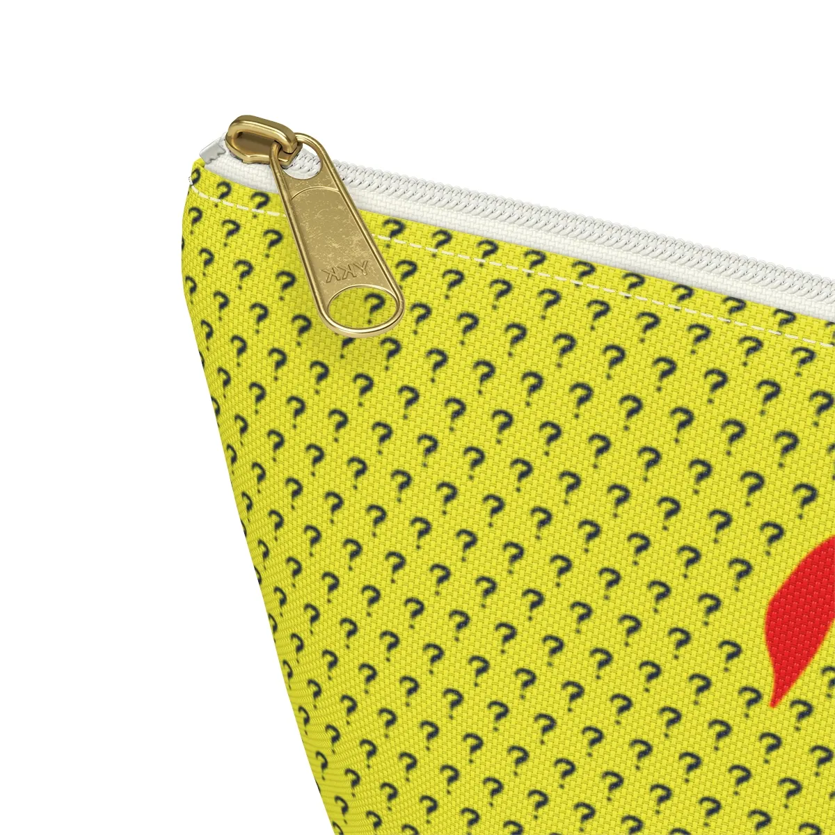 Yellow zippered travel pouch patterned with small navy question marks and a large red question mark.